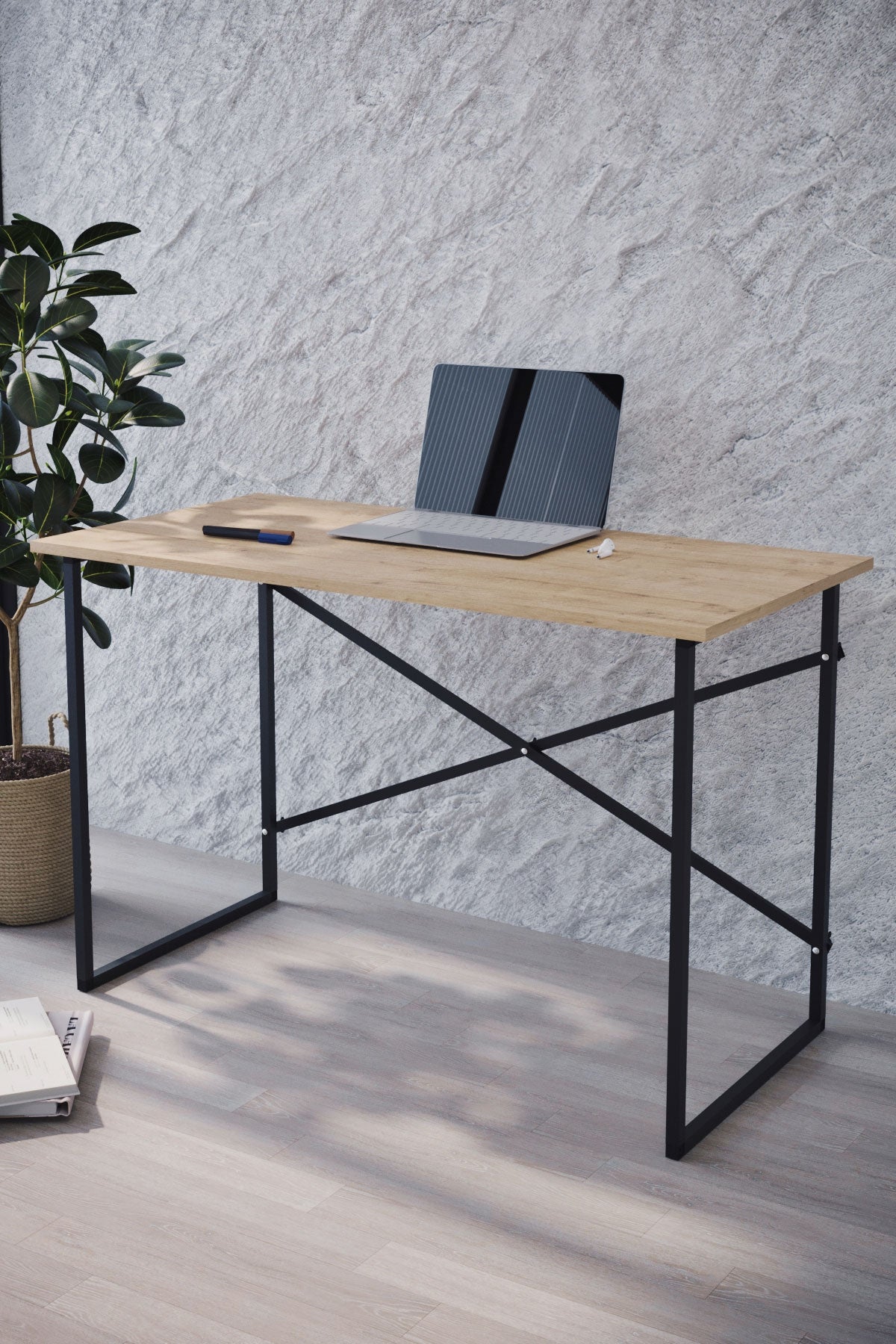 Buyqualia Mesa Escritorio para despacho u Oficina en casa de Estilo Industrial con Estructura de Acero (Ancho 90 cm)