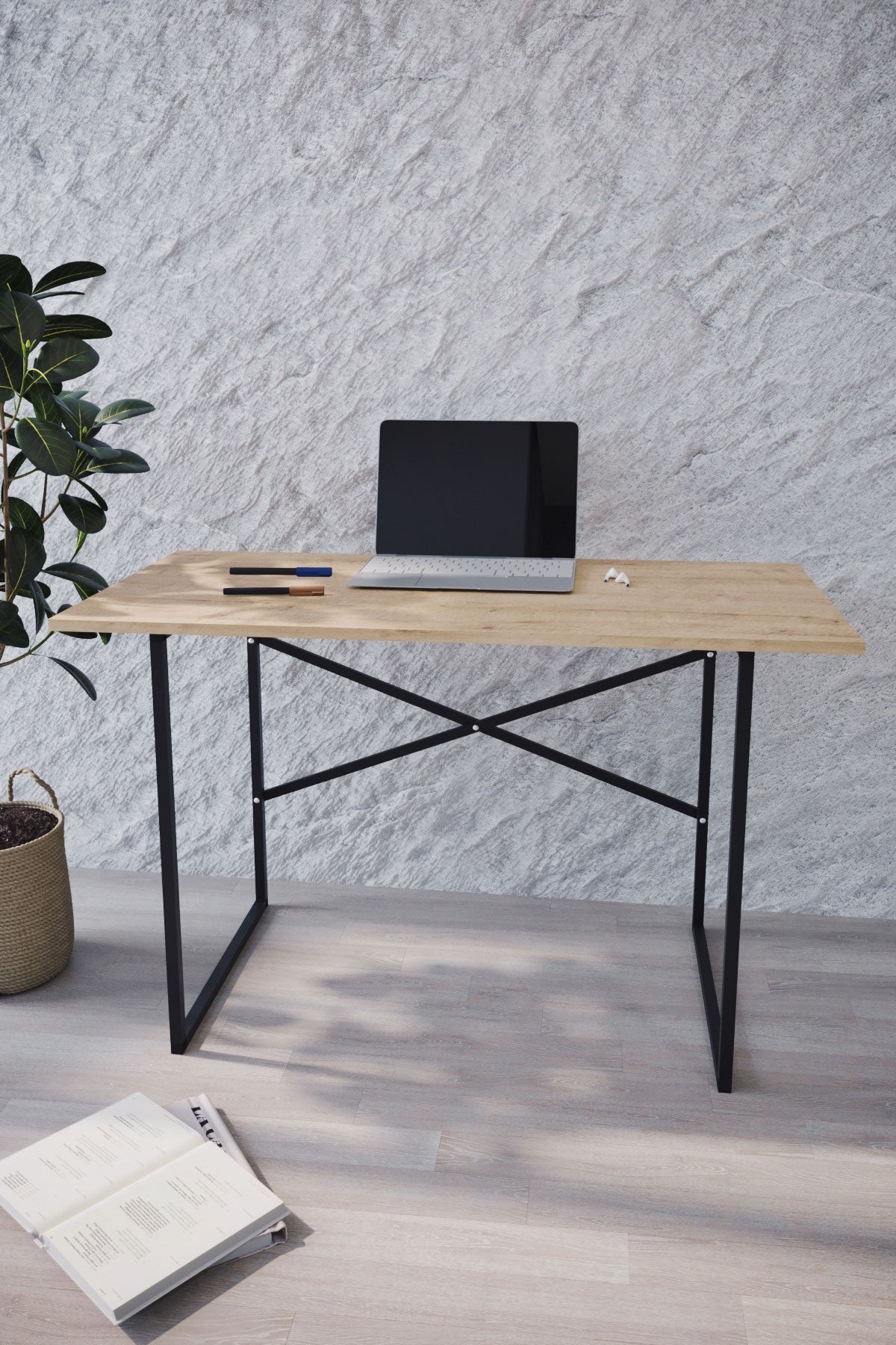 Mesa Escritorio Estilo Industrial 120x75x60 cm | Tapa Color Safir y Patas de Acero Negro | Escritorio Moderno para Oficina o Estudio - Buyqualia