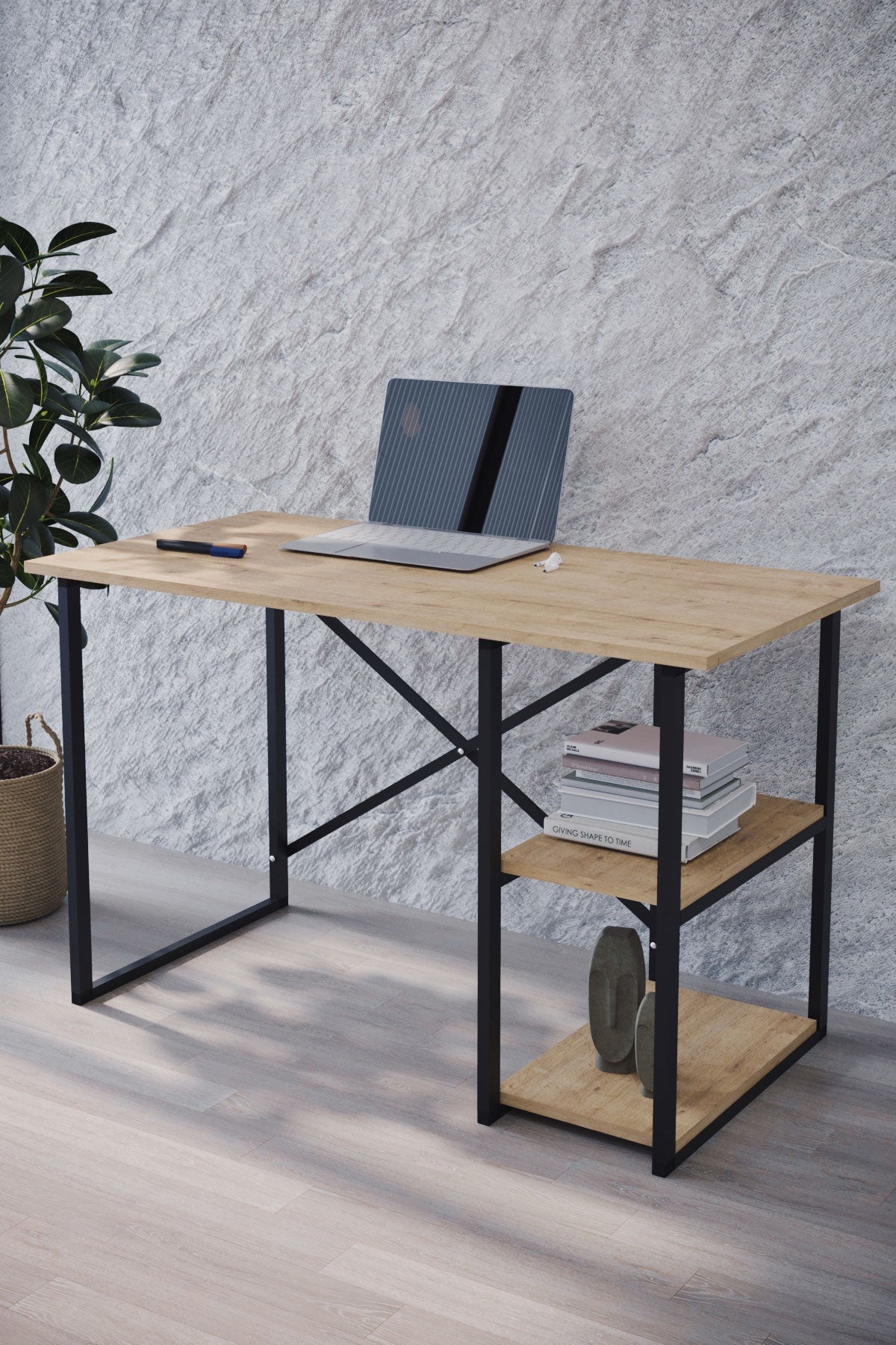 Mesa Escritorio Estilo Industrial Tapa Color Safir y Patas de Acero Negro Escritorio Moderno para Oficina o Estudio