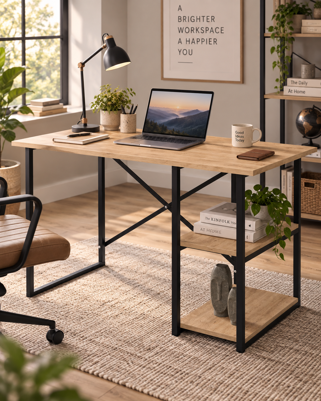 Mesa Escritorio Estilo Industrial Tapa Color Safir y Patas de Acero Negro Escritorio Moderno para Oficina o Estudio