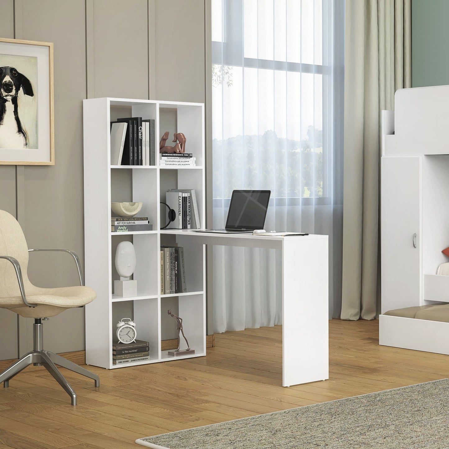 Buyqualia Escritorio con estantería de 8 Huecos Reversible, Mesa de Ordenador Color Blanco (Alto 150/ Ancho 135/ Fondo 65)