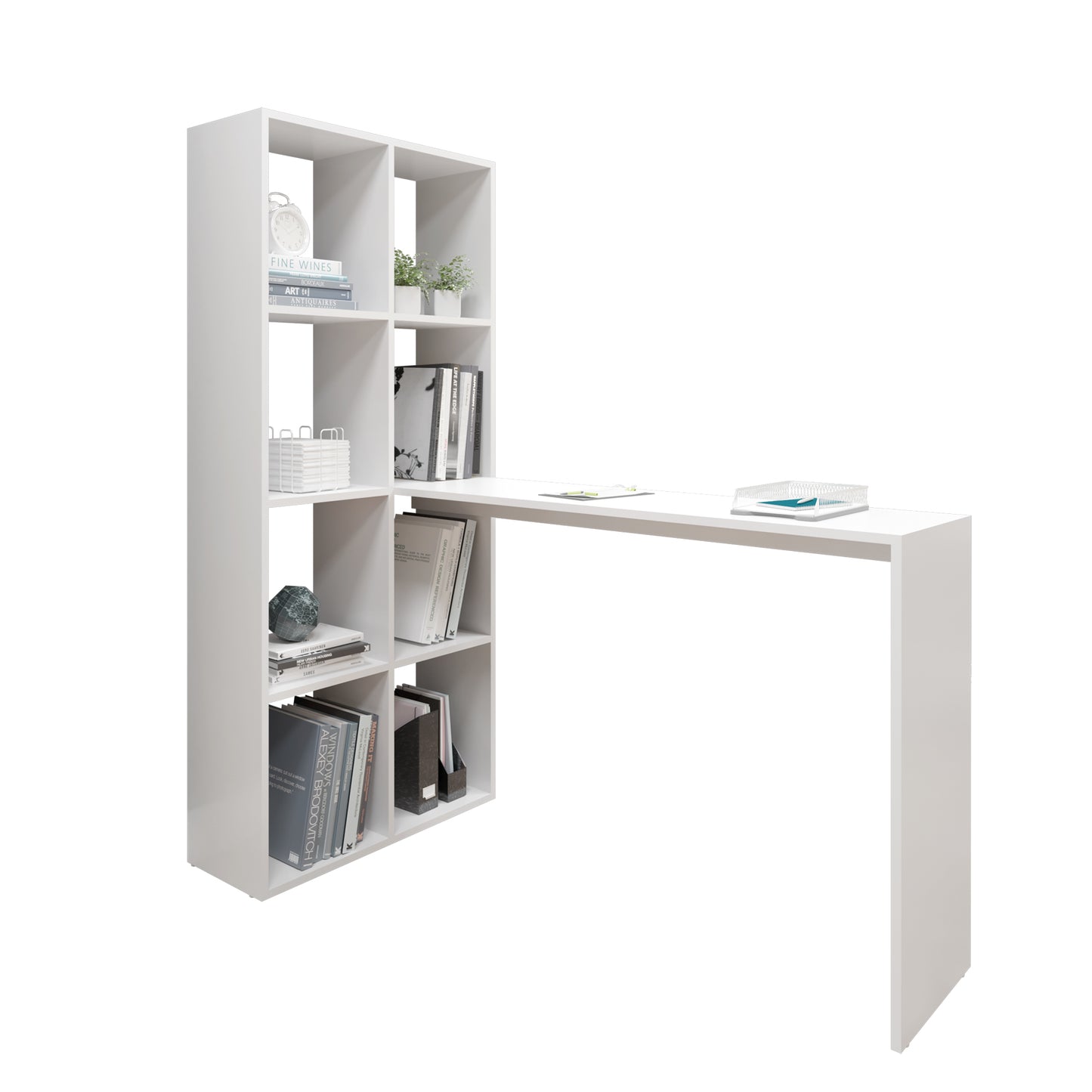 Buyqualia Escritorio con estantería de 8 Huecos Reversible, Mesa de Ordenador Color Blanco (Alto 150/ Ancho 135/ Fondo 65)