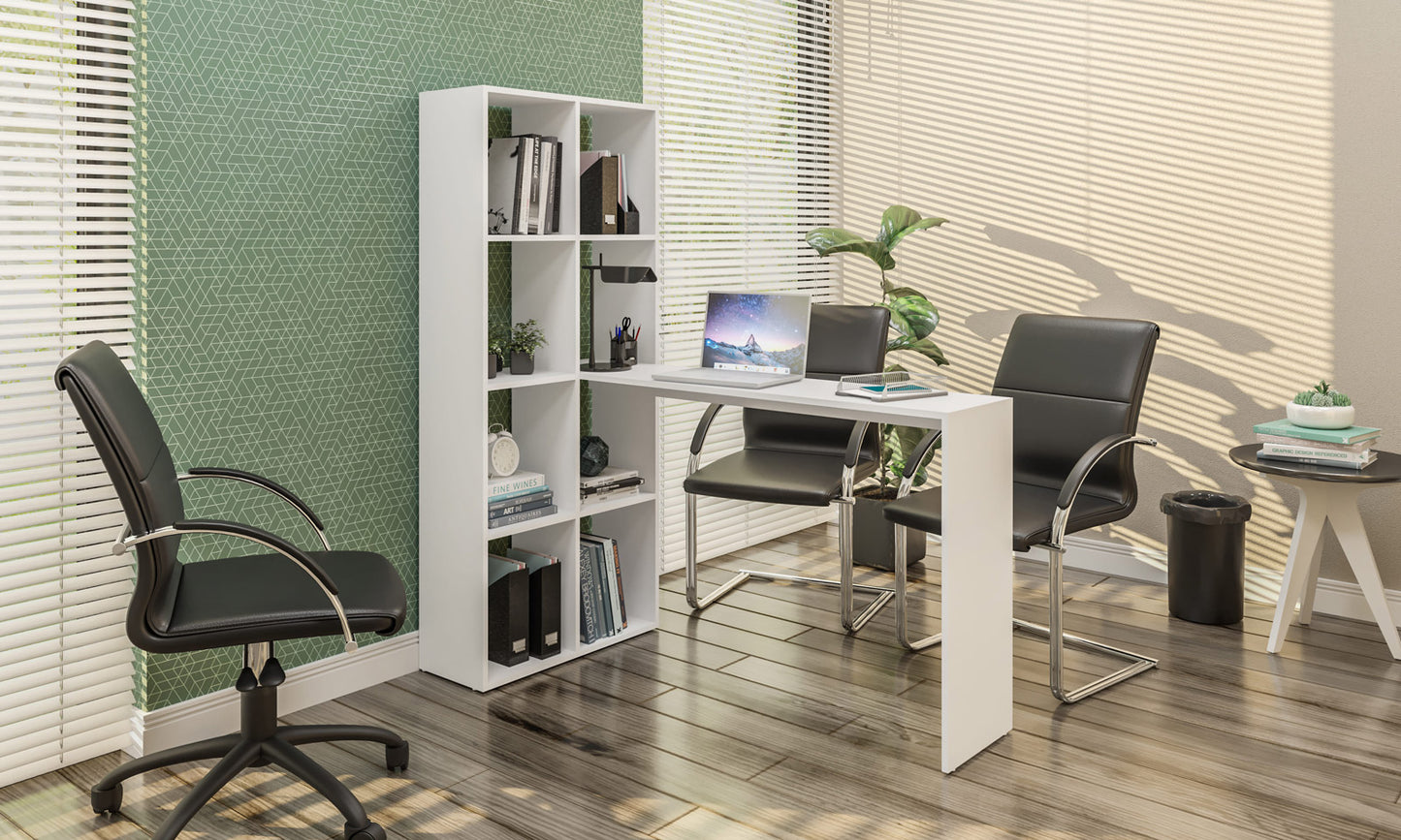 Buyqualia Escritorio con estantería de 8 Huecos Reversible, Mesa de Ordenador Color Blanco (Alto 150/ Ancho 135/ Fondo 65)