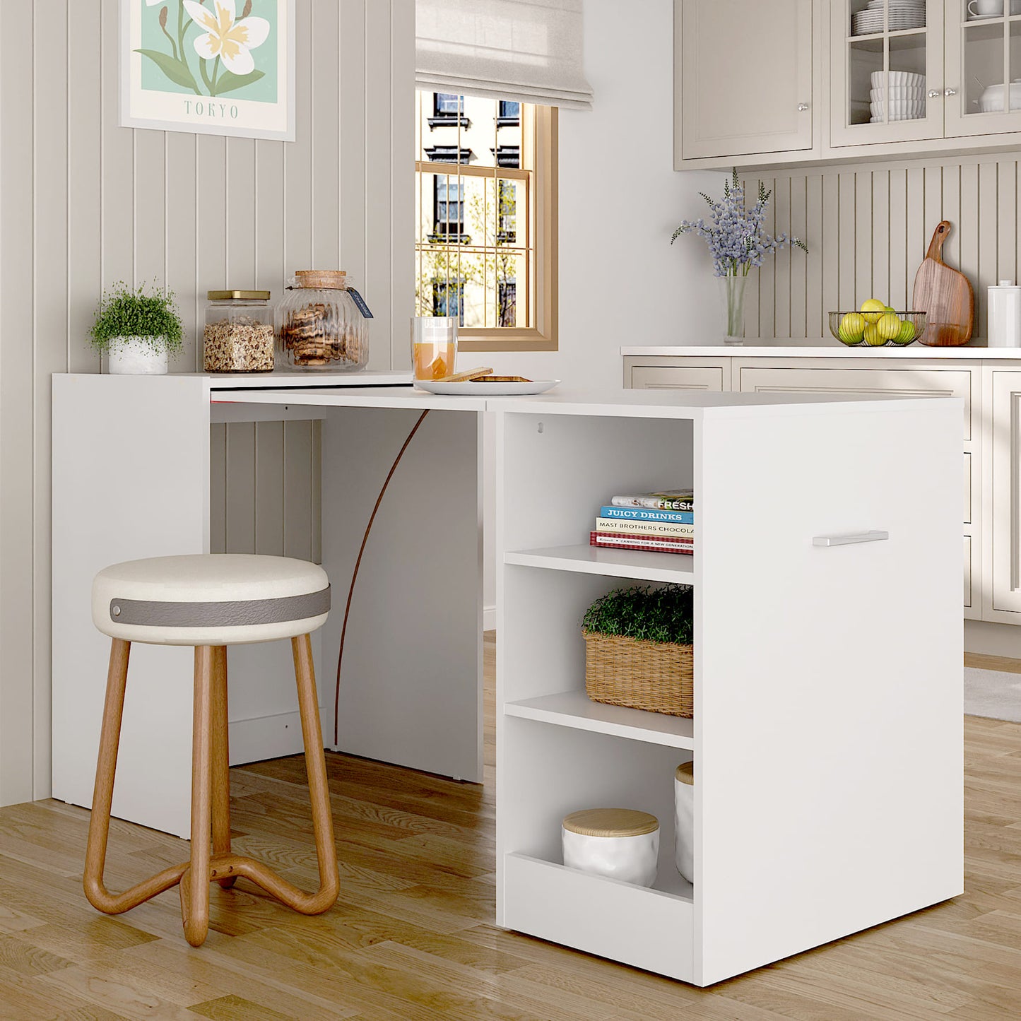 Mesa Auxiliar Retractil con Almacenamiento – Blanca - Estilo Moderno Multifuncional - Medidas (mesa extendida): 149x76x63cm - Buyqualia