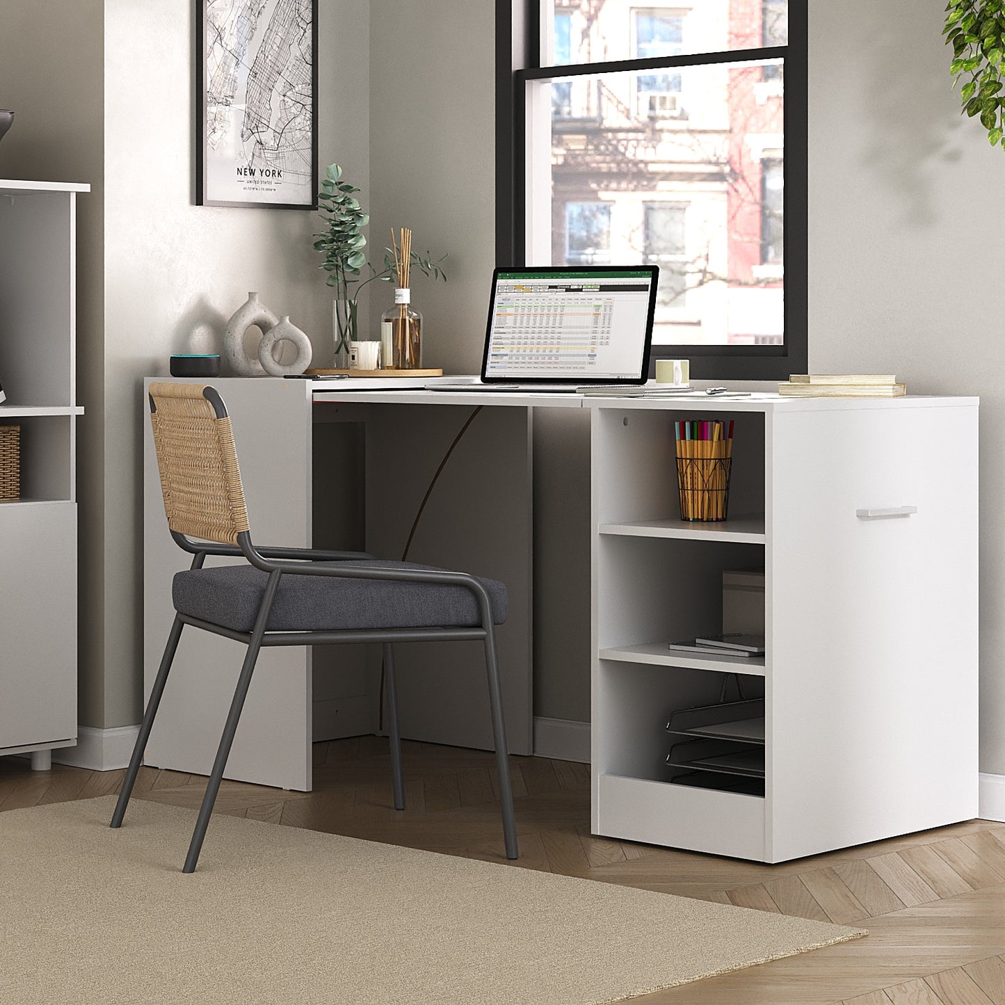 Mesa Auxiliar Retractil con Almacenamiento – Blanca - Estilo Moderno Multifuncional - Medidas (mesa extendida): 149x76x63cm - Buyqualia