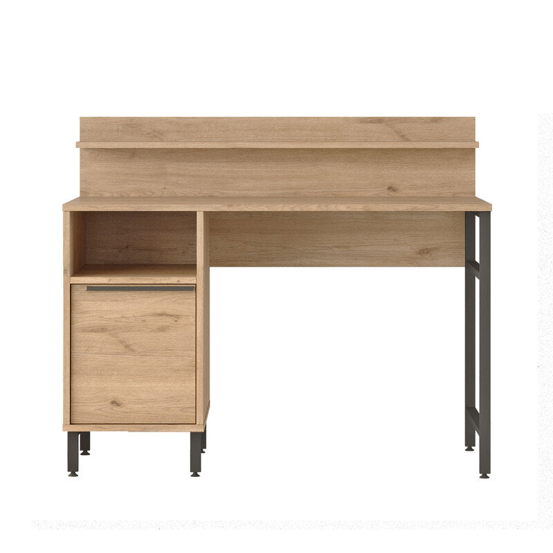 Escritorio moderno tipo madera con repisa superior y gabinete lateral