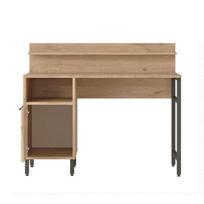 Escritorio moderno tipo madera con repisa superior y gabinete lateral