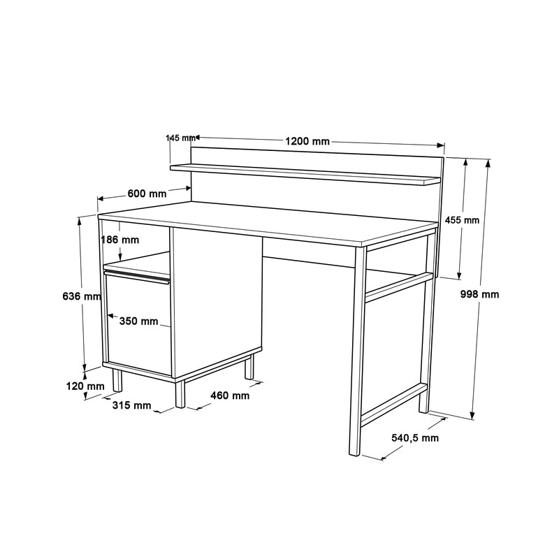 Escritorio moderno tipo madera con repisa superior y gabinete lateral