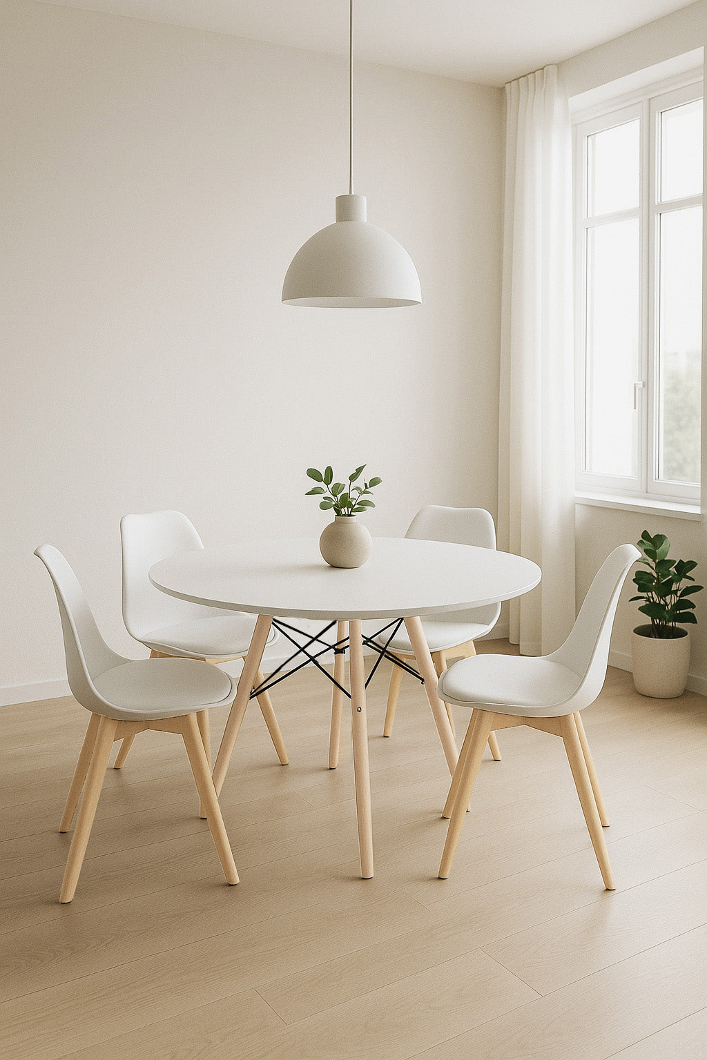 Mesa de comedor blanca con patas color madera natural – Estilo nórdico compacto, en dos Tamaños - Buyqualia