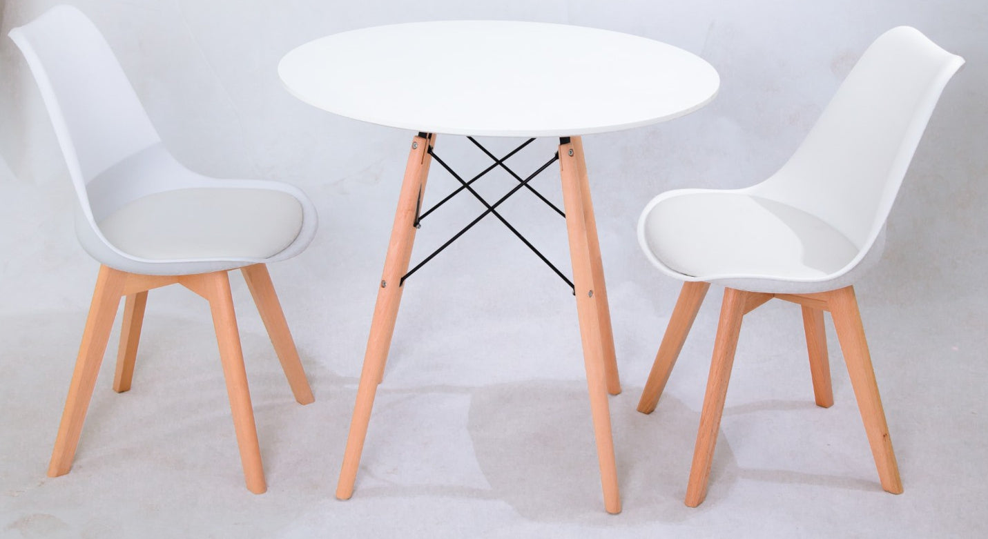 Mesa de comedor blanca con patas color madera natural – Estilo nórdico compacto, en dos Tamaños - Buyqualia