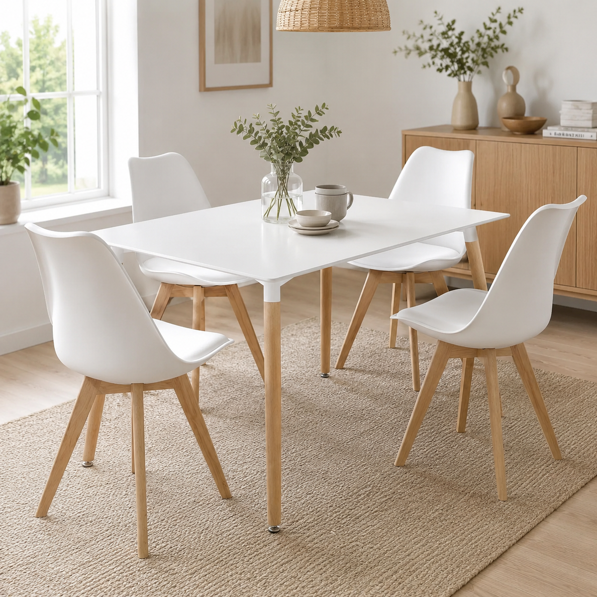 Mesa de comedor rectangular blanca con patas en color madera natural Estilo nórdico