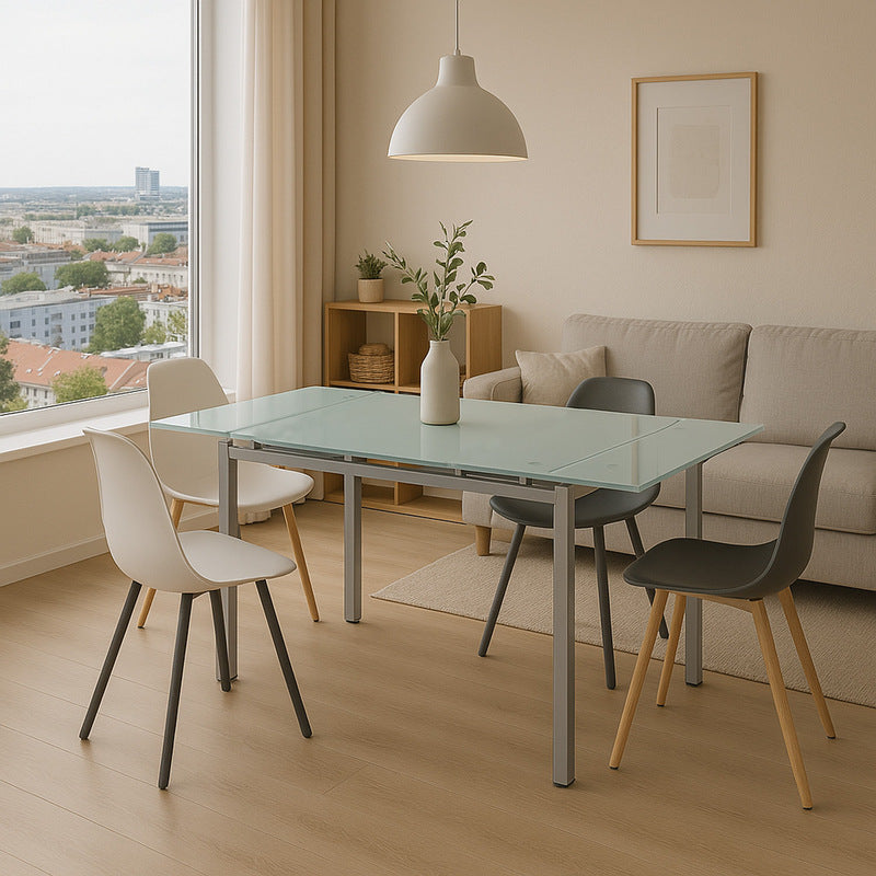Mesa de Comedor Extensible con Tapa de Vidrio Opaco y Estructura de Aluminio Gris – 110/170x70x76 cm – Moderna y Funcional