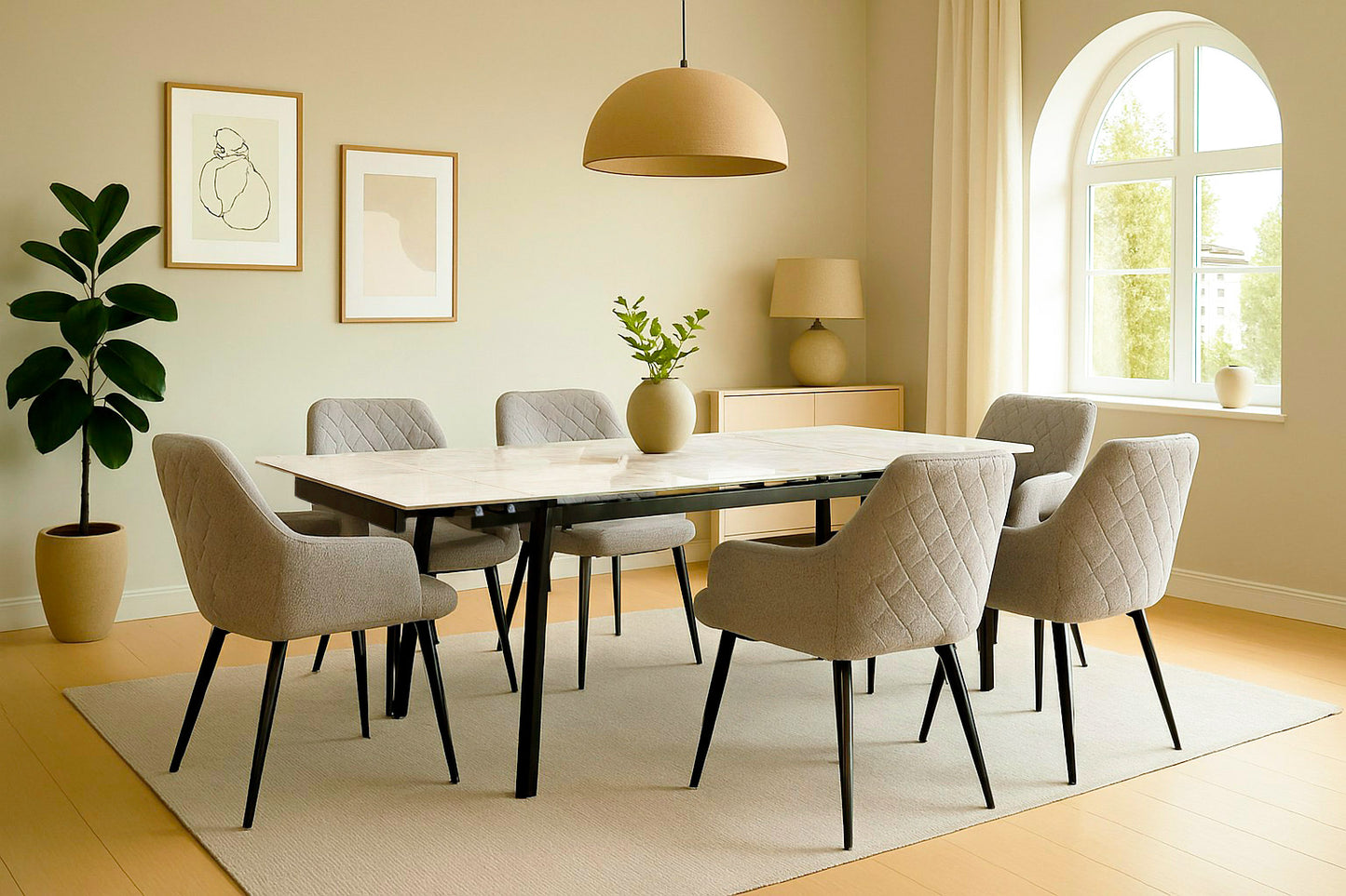 Mesa de comedor extensible con tapa efecto mármol blanco y patas metálicas negras – Elegante y moderna, 120-180x85x77 cm - Buyqualia