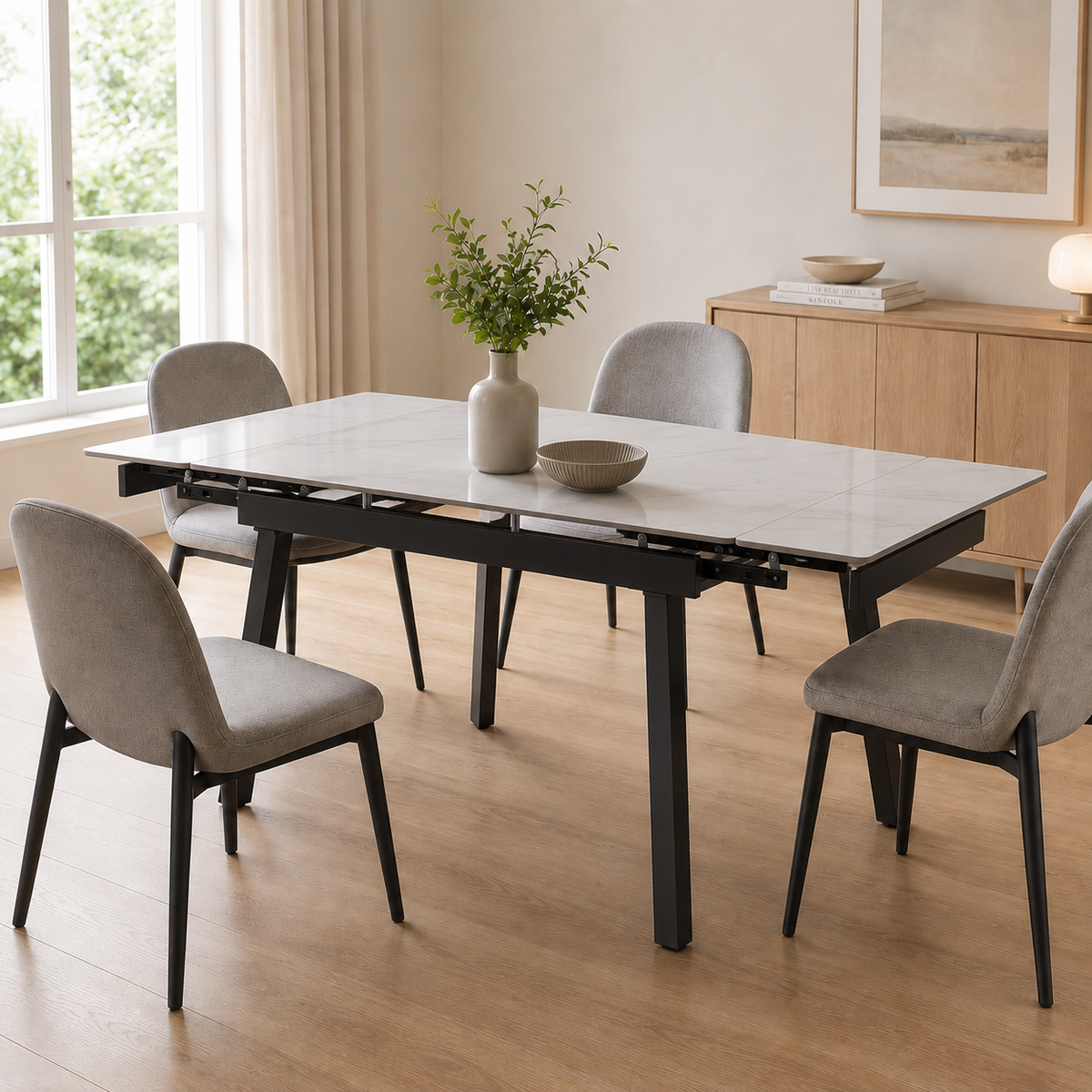 Mesa de comedor extensible con tapa efecto mármol blanco y patas metálicas negras Elegante y moderna