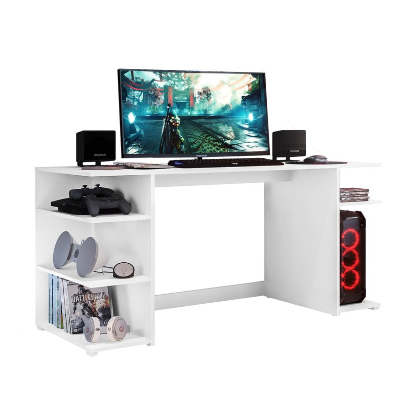 Mesa Escritorio Gamer - Mesa Ordenador - Escritorio Oficina/Despacho - con Espacio de Almacenamiento en Patas - Blanco - Dimensiones: 136x75x60cm - Buyqualia