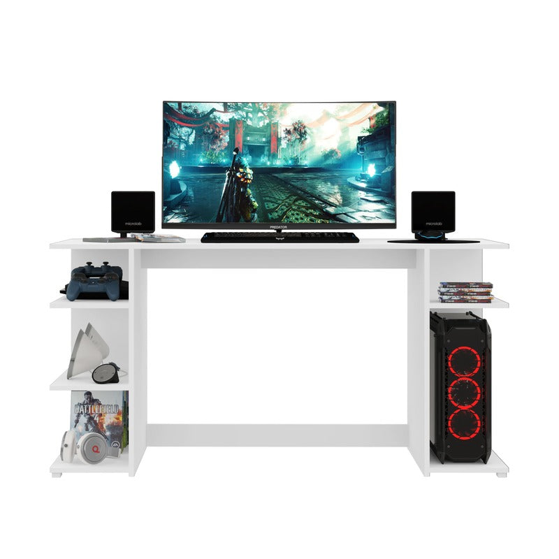 Mesa Escritorio Gamer - Mesa Ordenador - Escritorio Oficina/Despacho - con Espacio de Almacenamiento en Patas - Blanco - Dimensiones: 136x75x60cm - Buyqualia