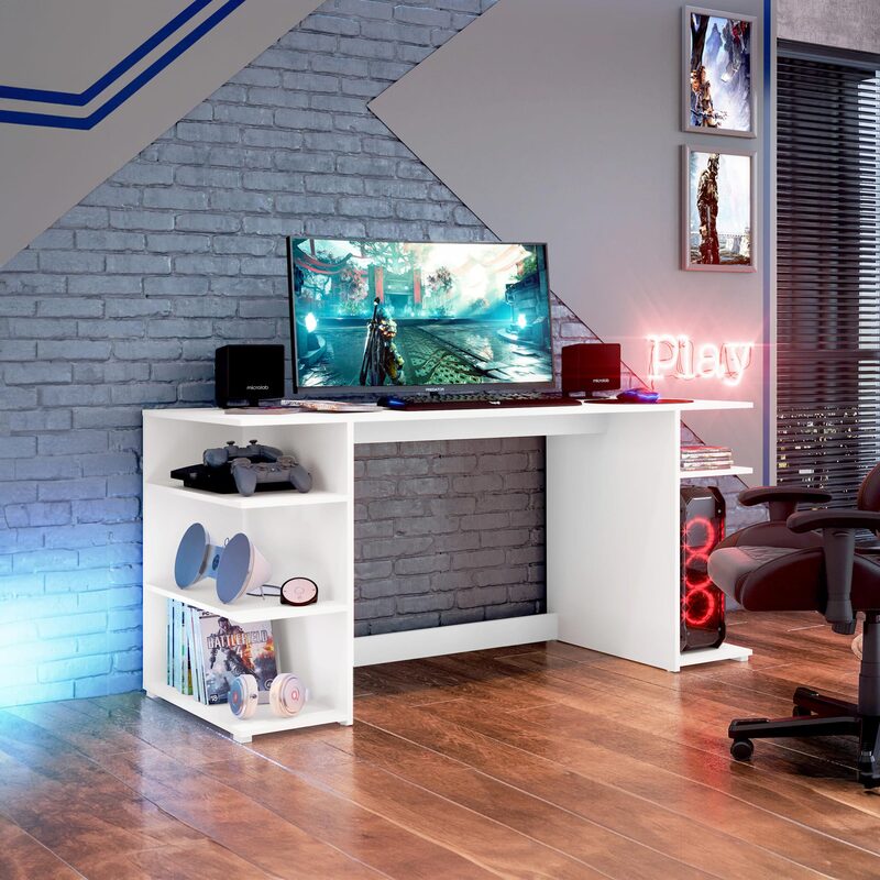 Mesa Escritorio Gamer - Mesa Ordenador - Escritorio Oficina/Despacho - con Espacio de Almacenamiento en Patas - Blanco - Dimensiones: 136x75x60cm - Buyqualia