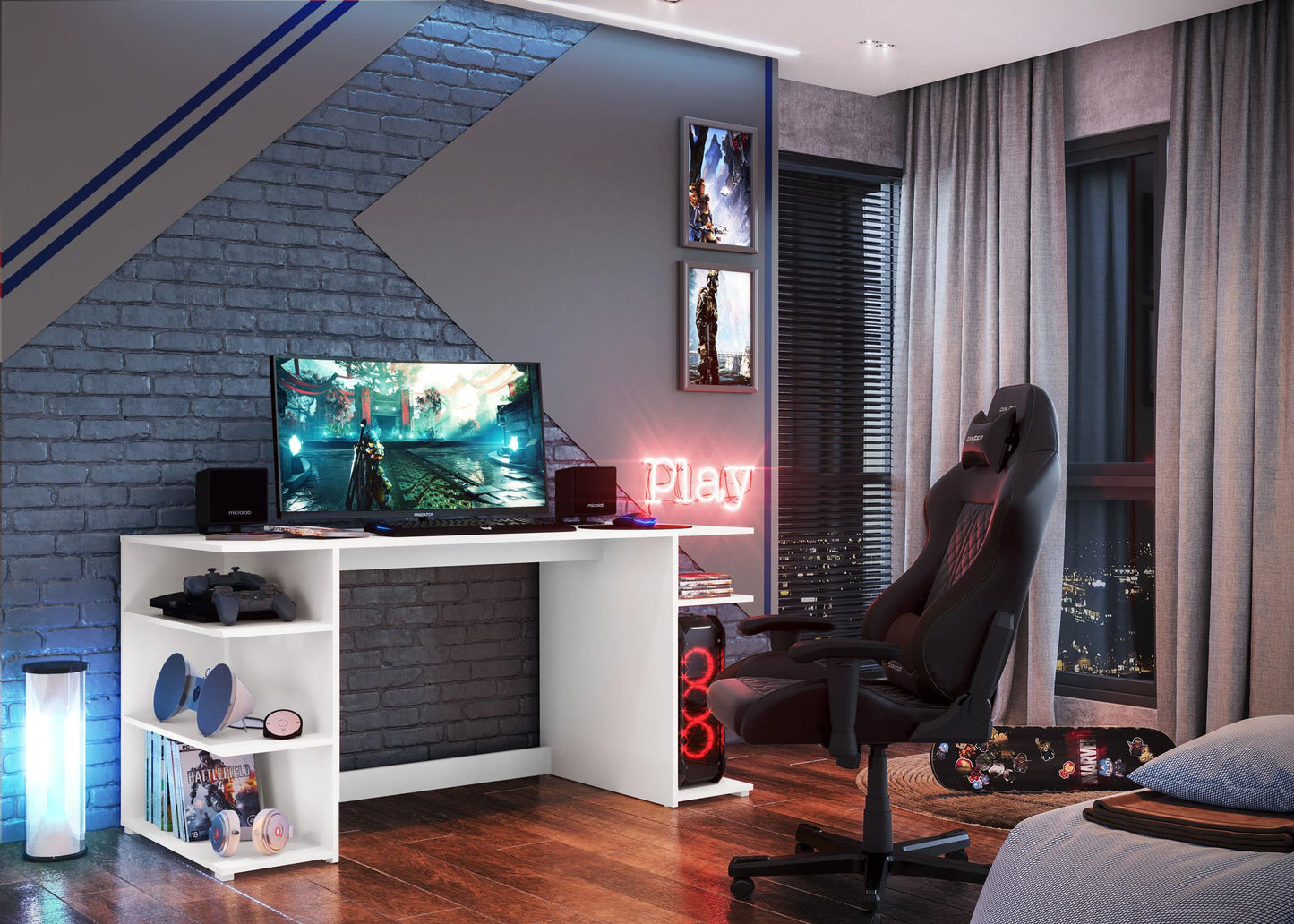 Mesa Escritorio Gamer - Mesa Ordenador - Escritorio Oficina/Despacho - con Espacio de Almacenamiento en Patas - Blanco - Dimensiones: 136x75x60cm - Buyqualia