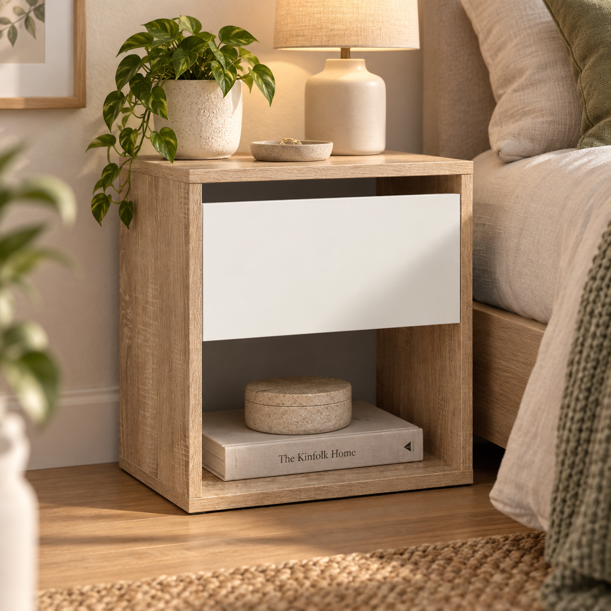Mesita de Noche  cm | 1 Cajón sin Tirador y Estante Abierto | Diseño Minimalista - Buyqualia