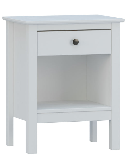 Mesita de noche de madera maciza – 1 cajón, diseño rústico en color blanco abierto, 60x48x35 cm - Buyqualia