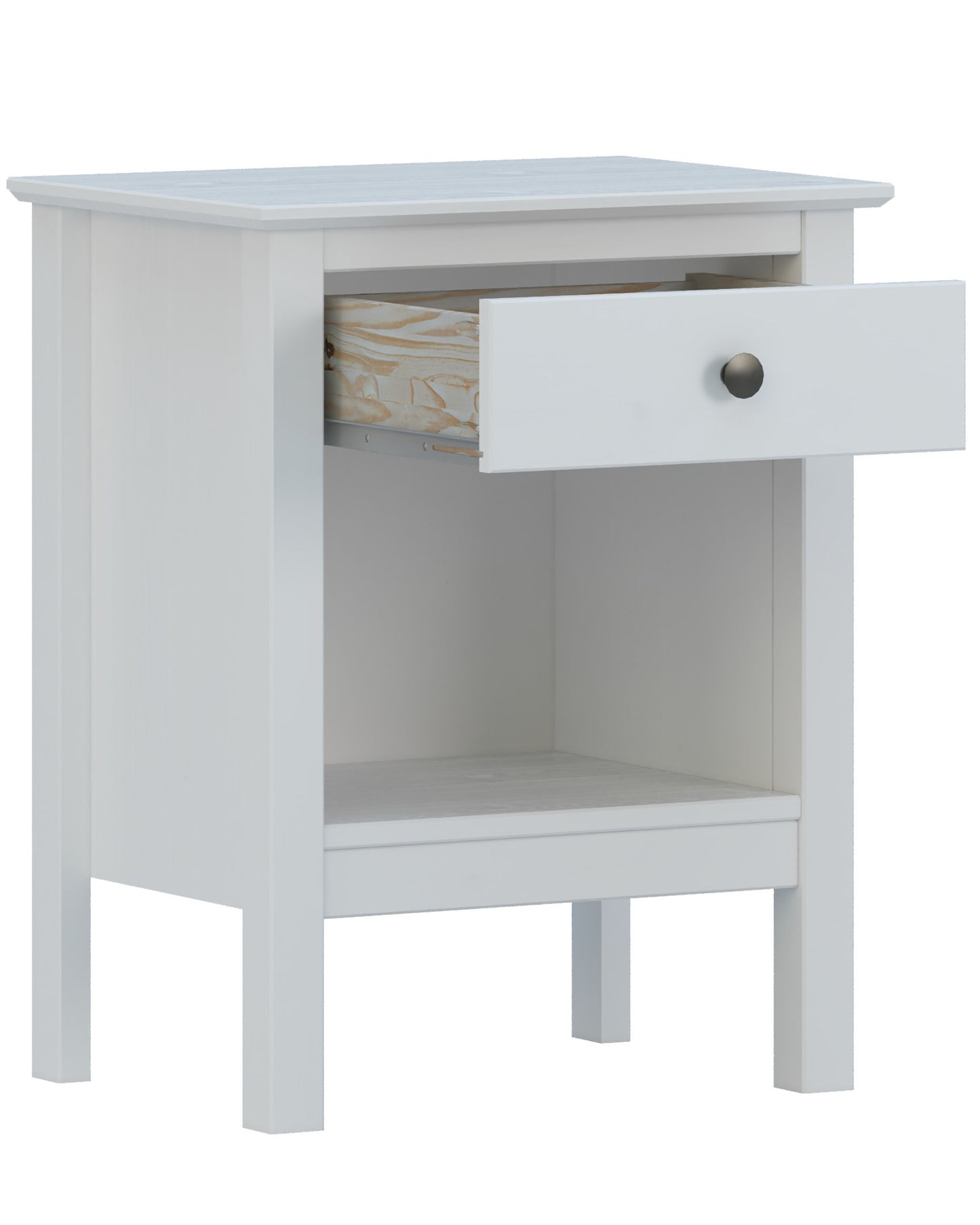 Mesita de noche de madera maciza – 1 cajón, diseño rústico en color blanco abierto, 60x48x35 cm - Buyqualia