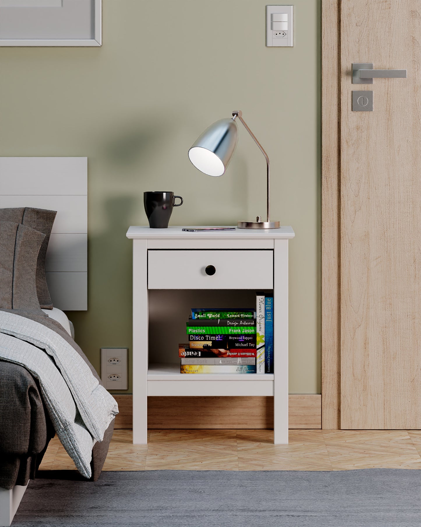 Mesita de noche de madera maciza – 1 cajón, diseño rústico en color blanco abierto, 60x48x35 cm - Buyqualia