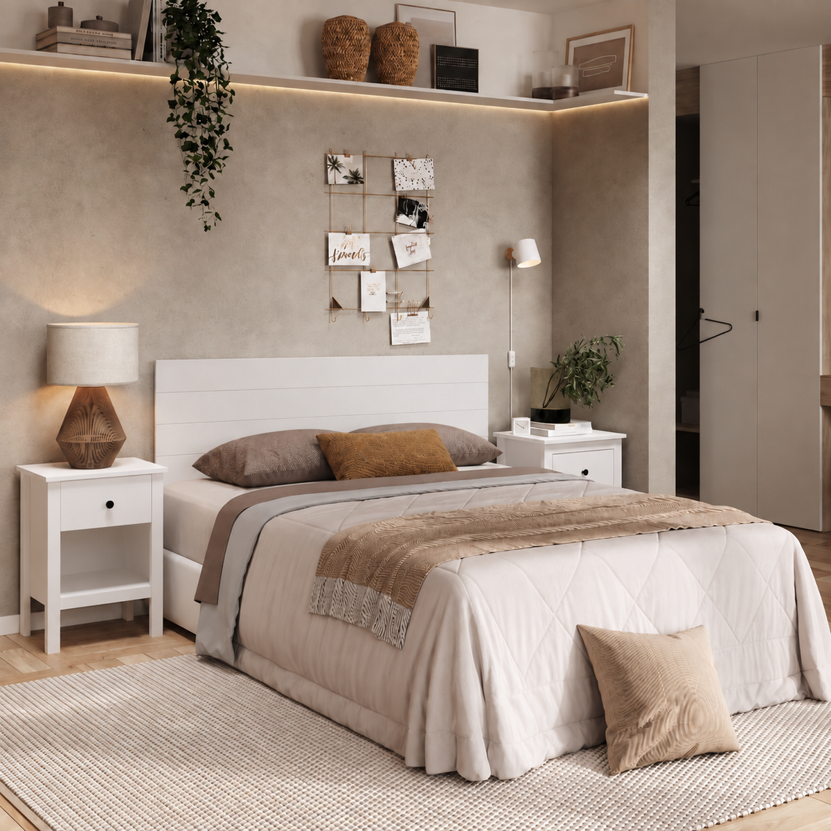 Mesita de noche de madera maciza – 1 cajón, diseño rústico en color blanco abierto, 60x48x35 cm - Buyqualia