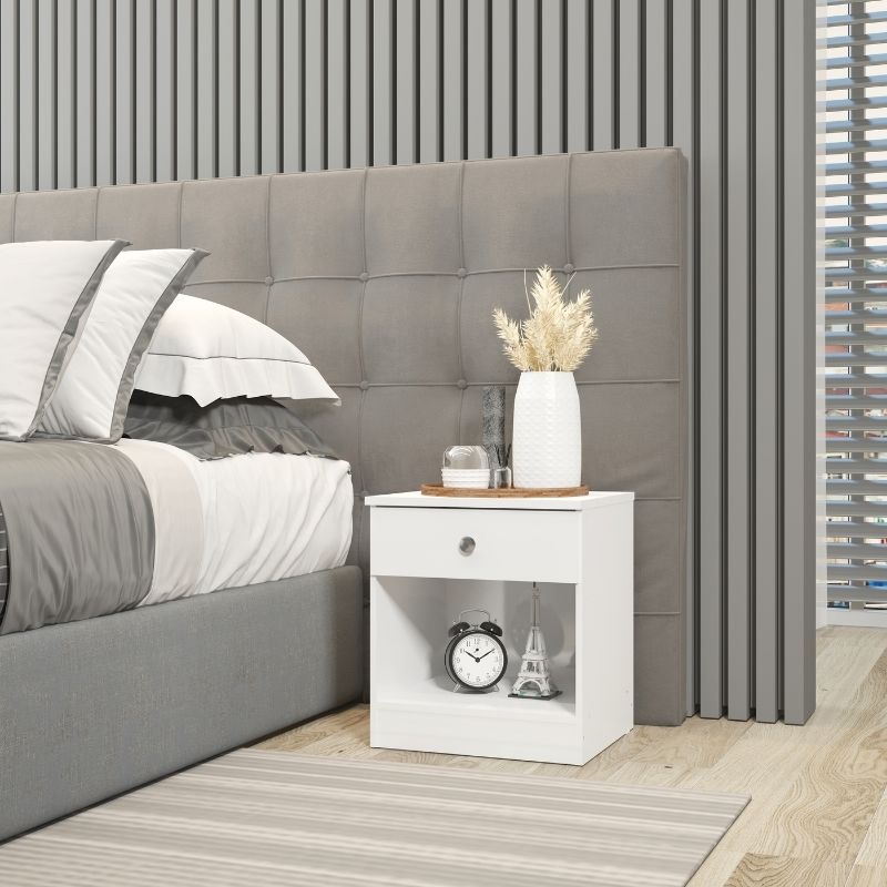 Mesilla de Dormitorio Compacta y Funcionalen color blanco,  45x40x36 cm con 1 Cajón