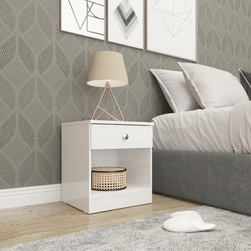Mesilla de Dormitorio Compacta y Funcionalen color blanco,  45x40x36 cm con 1 Cajón