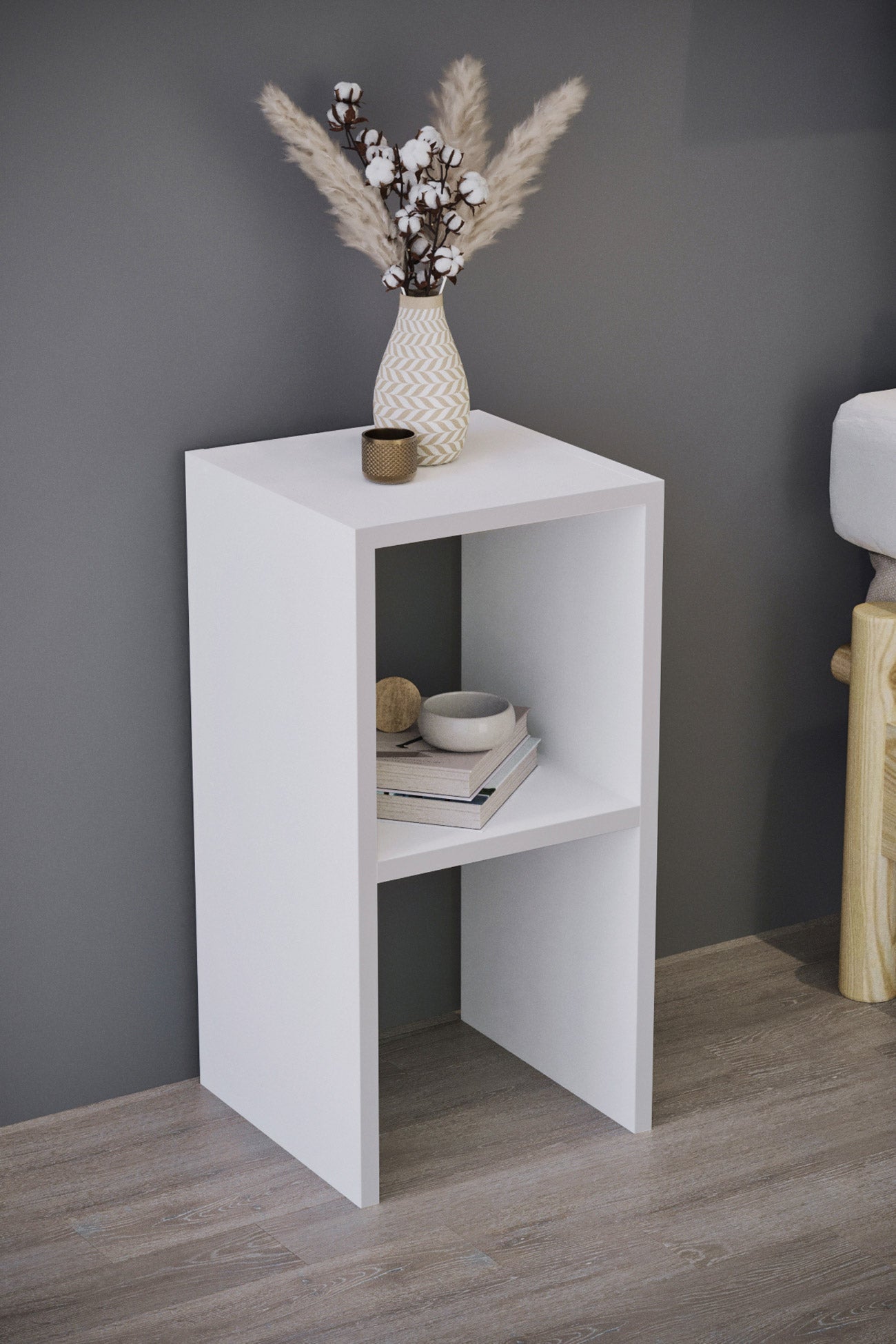 Mesita de Noche Blanca 60x30x30 cm | Diseño Simple con Estante Abierto | Minimalista y Funcional - Buyqualia