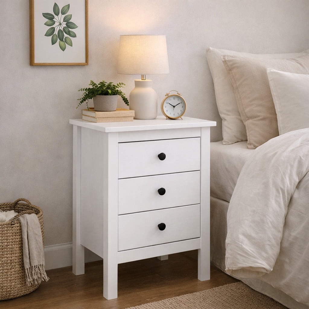 Mesita de Noche 3 Cajones en Madera Maciza – Colección Magda – Color Blanco, Estilo Clásico y Elegante