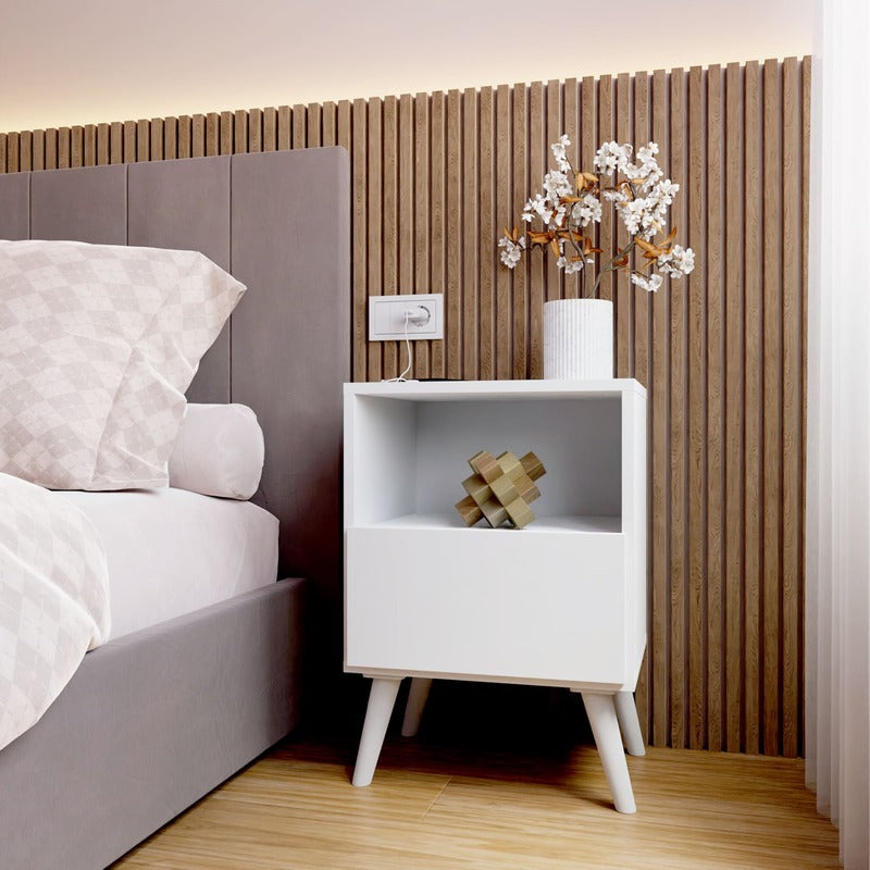 Mesita de Noche Blanca con Diseño Retro, 1 hueco - 1 Cajón, Estilo Vintage - Buyqualia