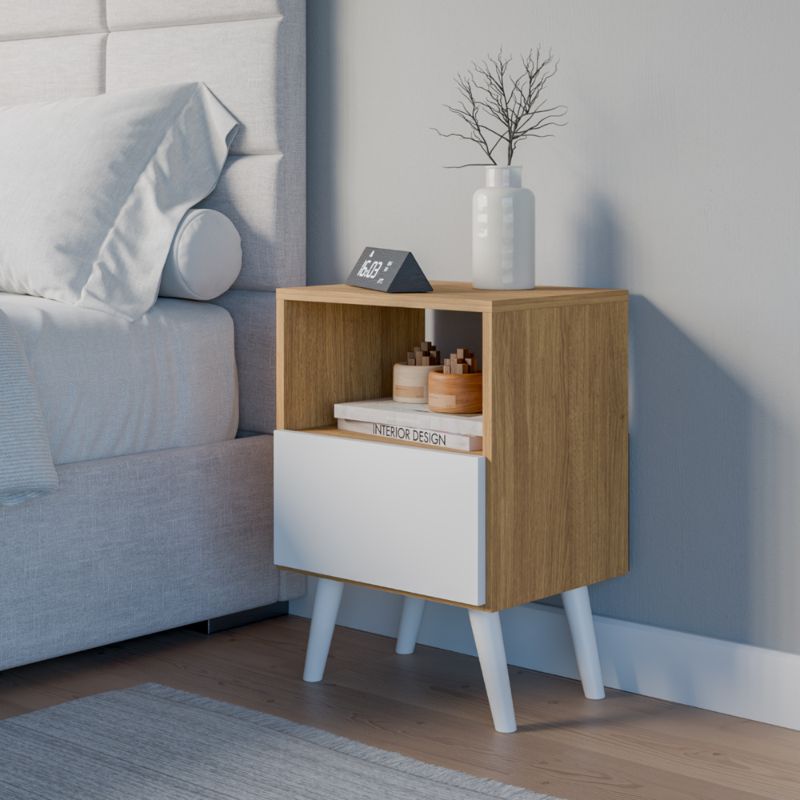 Mesita de Noche Blanca con Diseño Retro, 1 hueco - 1 Cajón, Estilo Vintage - Buyqualia