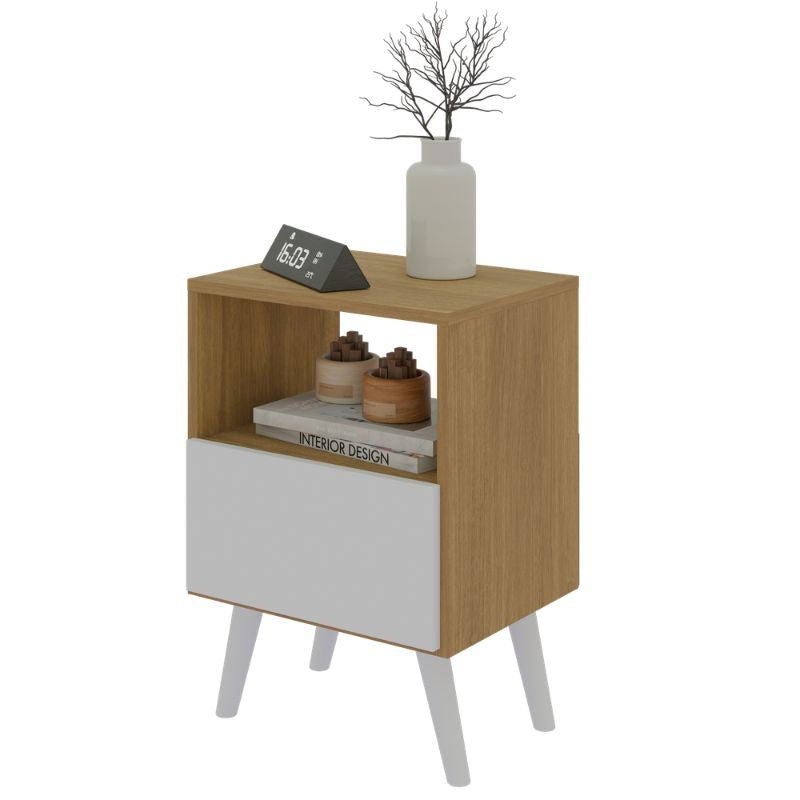 Mesita de Noche Blanca con Diseño Retro, 1 hueco - 1 Cajón, Estilo Vintage - Buyqualia