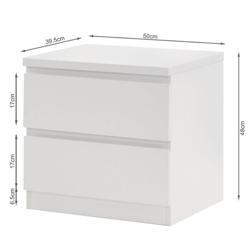 Mesita de Noche Blanca 48x50x40 cm con 2 Cajones – Mesilla de Dormitorio Moderna y Funcional