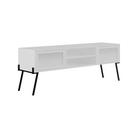 Buyqualia - Mueble para TV con Puertas Decoradas y Estantes Abiertos – Blanco – 140x51x36 cm – Estilo Moderno y Funcional