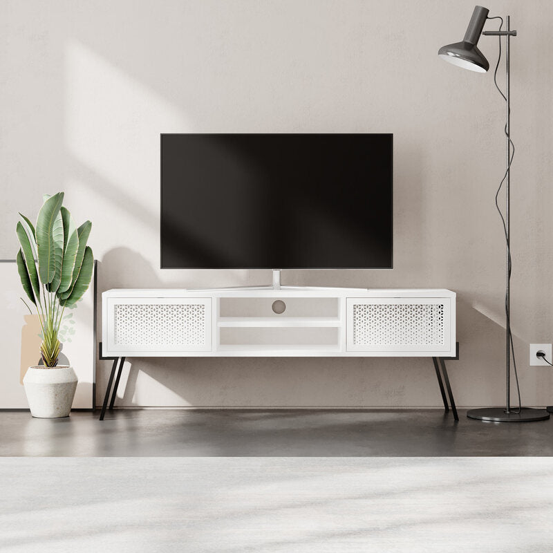 Buyqualia - Mueble para TV con Puertas Decoradas y Estantes Abiertos – Blanco – 140x51x36 cm – Estilo Moderno y Funcional