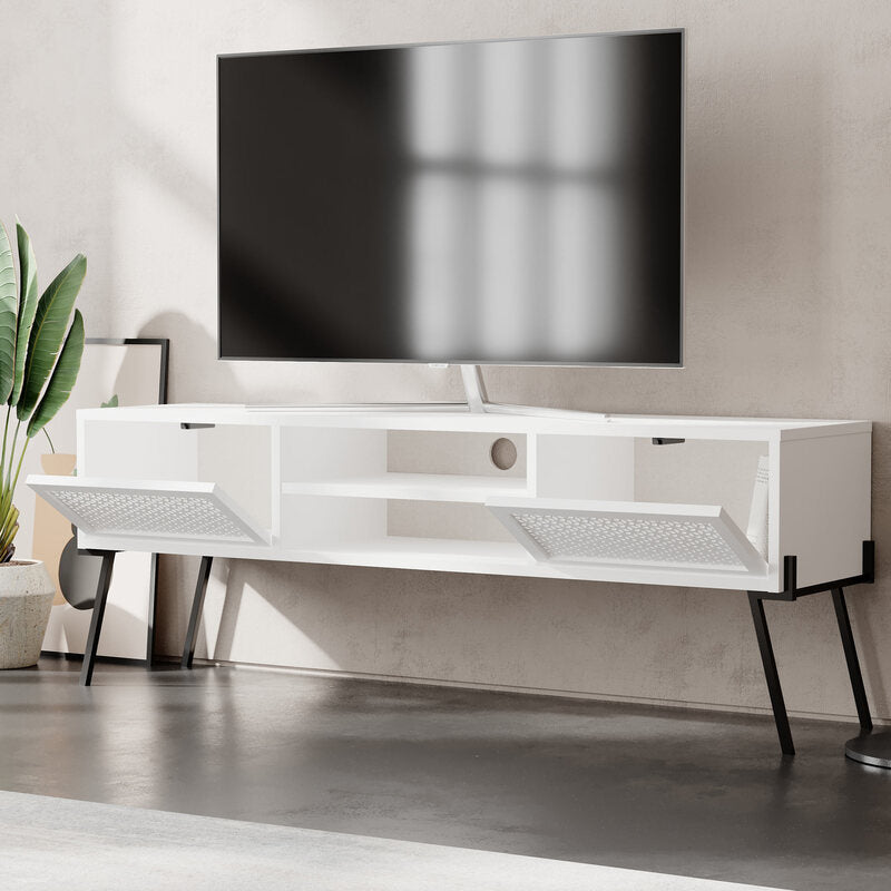 Buyqualia - Mueble para TV con Puertas Decoradas y Estantes Abiertos – Blanco – 140x51x36 cm – Estilo Moderno y Funcional