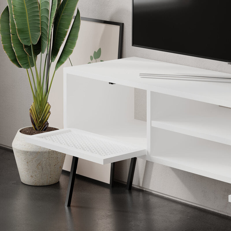 Buyqualia - Mueble para TV con Puertas Decoradas y Estantes Abiertos – Blanco – 140x51x36 cm – Estilo Moderno y Funcional