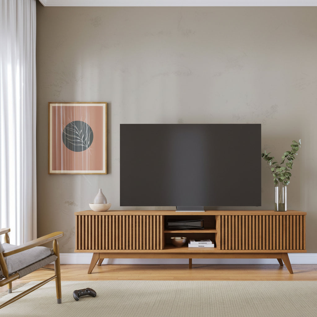 Mueble Bajo de TV - Puertas con diseño de panelado fino - 218x58x40cm