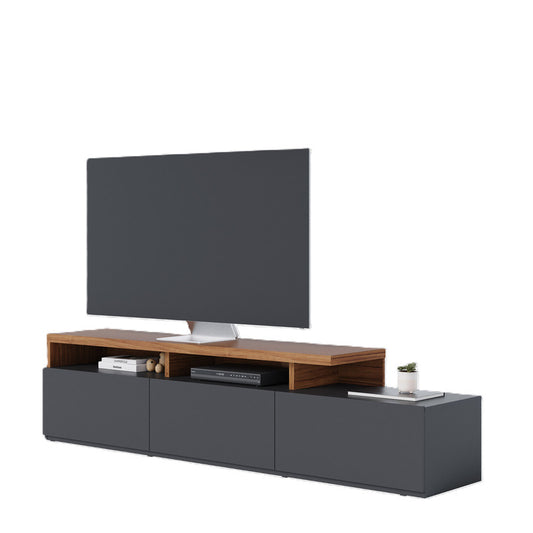Mueble Bajo de TV - Con Diseño Asimétrico En Madera y Negro Mate - 3 Cajones - 210x51x45 cm - Buyqualia