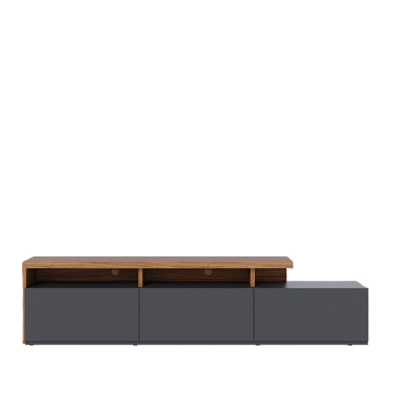 Mueble Bajo de TV - Con Diseño Asimétrico En Madera y Negro Mate - 3 Cajones - 210x51x45 cm - Buyqualia
