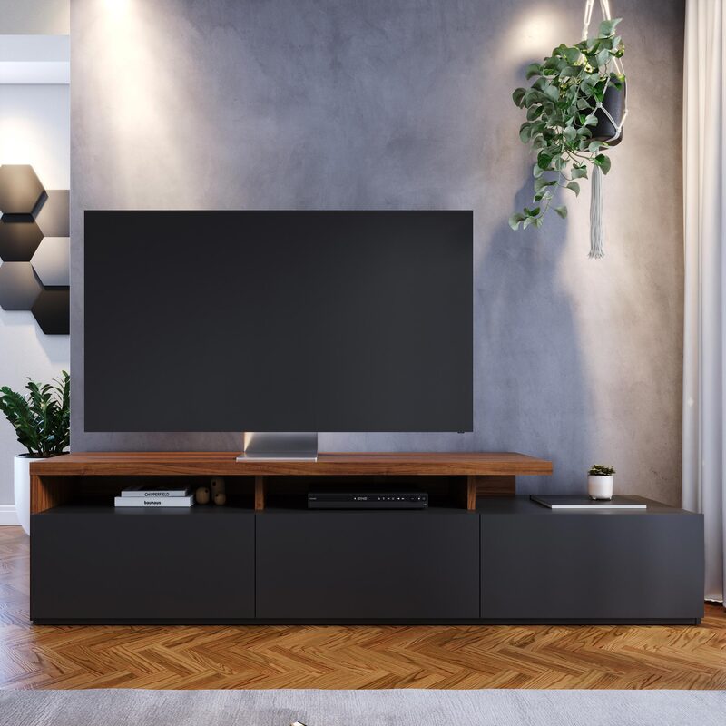 Mueble Bajo de TV - Con Diseño Asimétrico En Madera y Negro Mate - 3 Cajones - 210x51x45 cm - Buyqualia