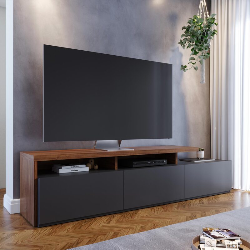 Mueble Bajo de TV - Con Diseño Asimétrico En Madera y Negro Mate - 3 Cajones - 210x51x45 cm - Buyqualia