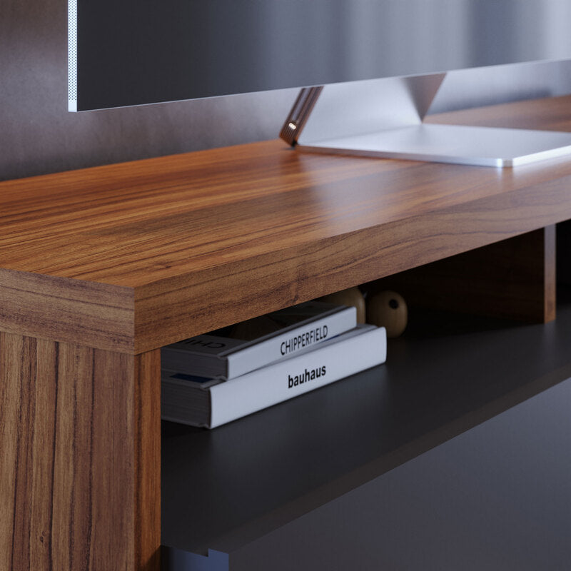 Mueble Bajo de TV - Con Diseño Asimétrico En Madera y Negro Mate - 3 Cajones - 210x51x45 cm - Buyqualia
