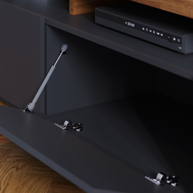Mueble Bajo de TV - Con Diseño Asimétrico En Madera y Negro Mate - 3 Cajones - 210x51x45 cm - Buyqualia