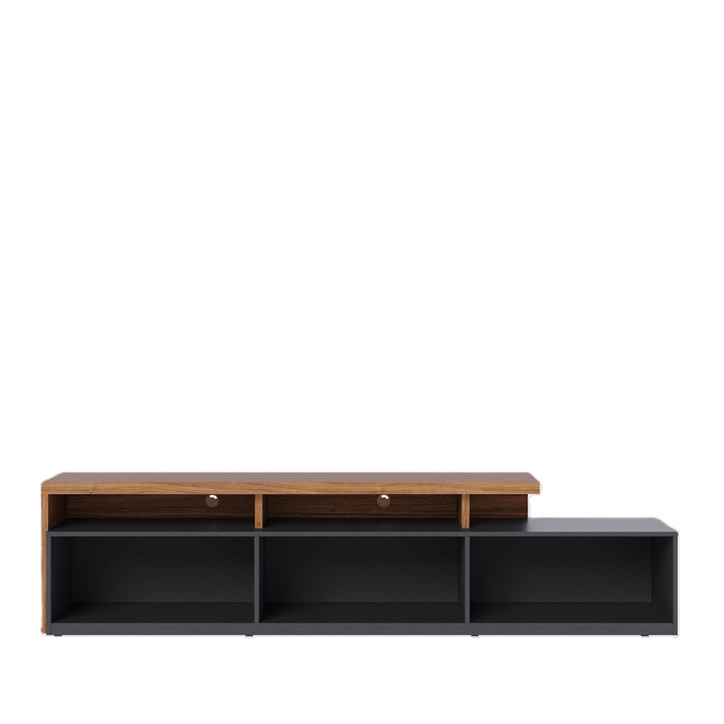 Mueble Bajo de TV - Con Diseño Asimétrico En Madera y Negro Mate - 3 Cajones - 210x51x45 cm - Buyqualia
