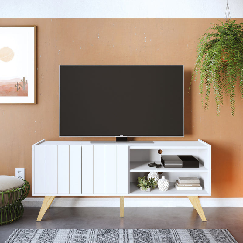 Mueble de TV Moderno - Estilo Escandinavo Blanco con Patas de Madera - 136x59x36cm - Buyqualia