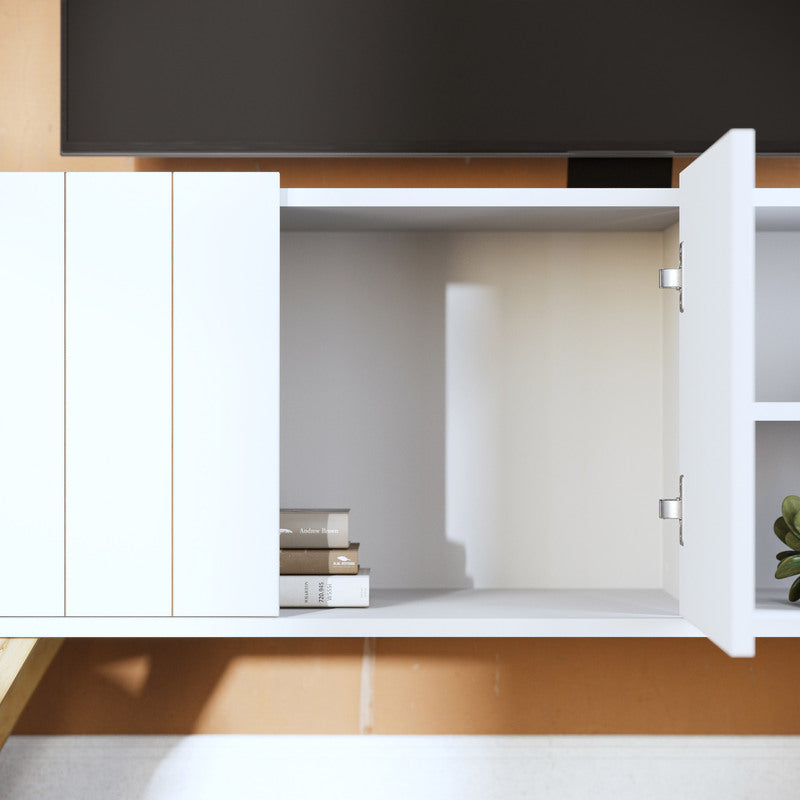 Mueble de TV Moderno - Estilo Escandinavo Blanco con Patas de Madera - 136x59x36cm - Buyqualia