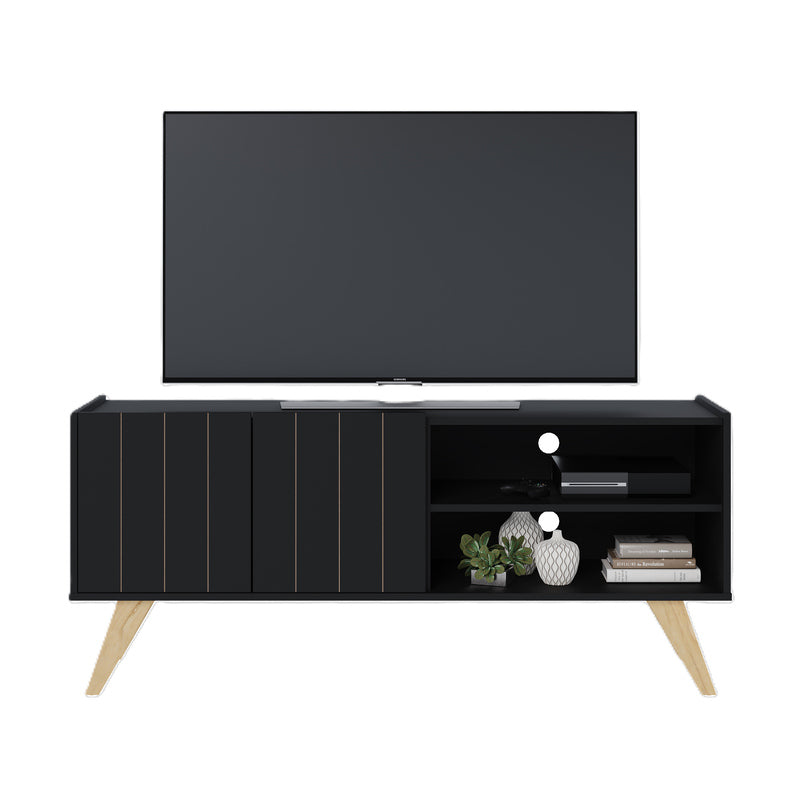 Mueble de TV Moderno - Estilo Escandinavo Blanco con Patas de Madera - 136x59x36cm - Buyqualia